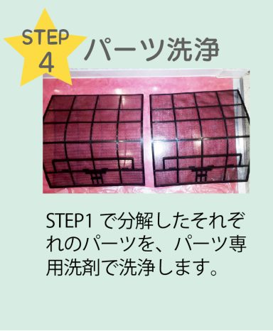 STEP4 パーツ洗浄 STEP1で分解したそれぞれのパーツを、パーツ専用洗剤で洗浄します。