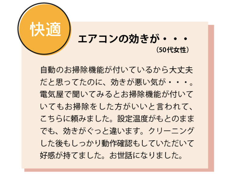 エアコンの効きが・・・（50代女性） 自動のお掃除機能が付いているから大丈夫だと思ってたのに、効きが悪い気が・・・。電気屋で聞いてみるとお掃除機能が付いていてもお掃除をした方がいいと言われて、こちらに頼みました。設定温度がもとのままでも、効きがぐっと違います。クリーニングした後もしっかり動作確認もしていただいて好感が持てました。お世話になりました。